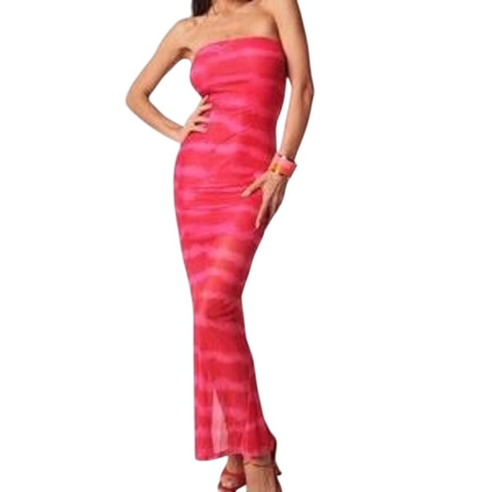 NWT Tiger Mist Womens Pink Strapless Maxi Clem Dress Wavy Print Tie Dye Slit M